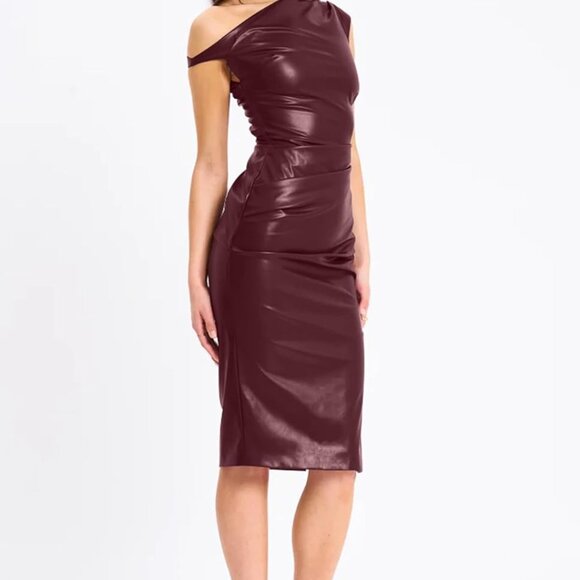 Women's Faux Leather One Shoulder Bodycon Midi Dress Party Club - Picture 4 of 6